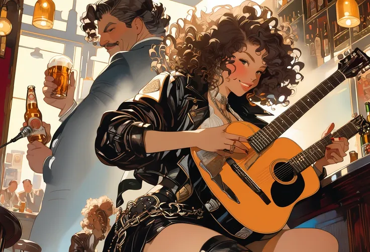 Dutch Angle. A woman with curly hair, leather jacket and mini skirt playing guitar in a bar. Background is a fat man drinking beer. Style by J.C. Leyendecker. 