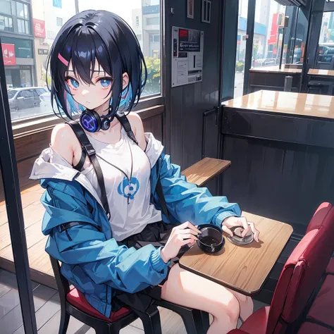 Let it be an anime girl, that she has short hair and that her hair is black with a little blue streak on the side that her eyes are blue and that she appears with a jacket and with black headphones around her neck that she is in a restaurant sitting in a c...