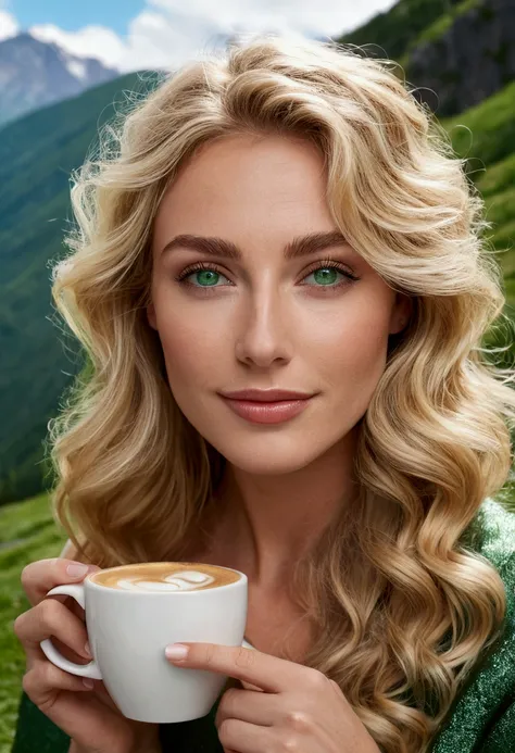 ((Long shot)) Blonde influencer with long, natural beauty, naturally wavy hair, green eyes, sexually, big, enjoying a coffee in the mountains, elegant and modern look, relaxing, Calm, whimsical, 8K, extremely detailed, photorealistic, Complicated details, ...