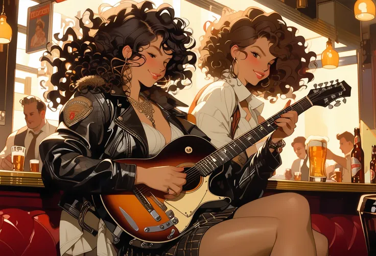 Dutch Angle. A woman with curly hair, leather jacket and mini skirt playing guitar in a bar. Background is a fat man drinking beer. Style by J.C. Leyendecker. 