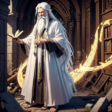 An ancient wizard with long flowing white hair and a beard, wearing intricate robes adorned with arcane symbols. He stands in a hidden library among ruins, surrounded by ancient tomes and magical artifacts, with an aura of immense wisdom and mystical power...