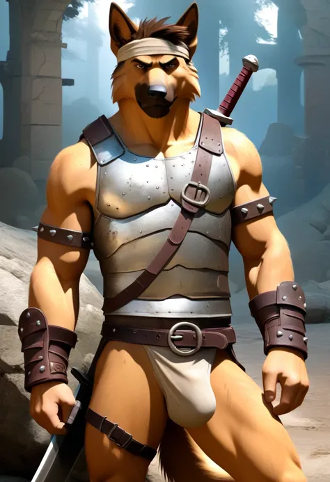 Solo Sexy anthro furry german shepherd male; ancient Mediterranean desert warrior; slim mesomorph handsome model apperance apperance; boys messy short hair headband; sexy toned muscules; sword scars; worn out rusty sexy skimpy armament. He has low on hips ...