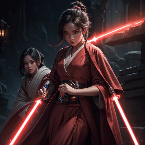 a cute minion jedi with a red lightsaber, elegant flowing robe, serene expression, intricate details, highly detailed, masterfully rendered, vibrant colors, cinematic lighting, photorealistic, 8K, best quality