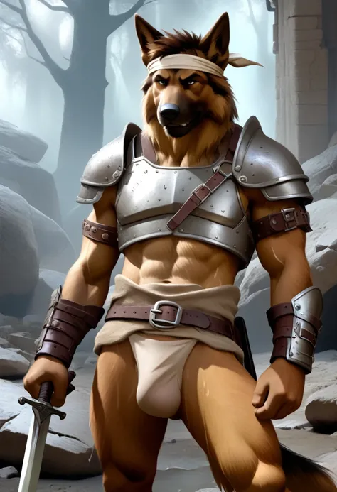 Solo Sexy anthro furry german shepherd male; ancient Mediterranean desert warrior; slim mesomorph handsome model apperance apperance; boys messy short hair headband; sexy toned muscules; sword scars; worn out rusty sexy skimpy armament. He has low on hips ...