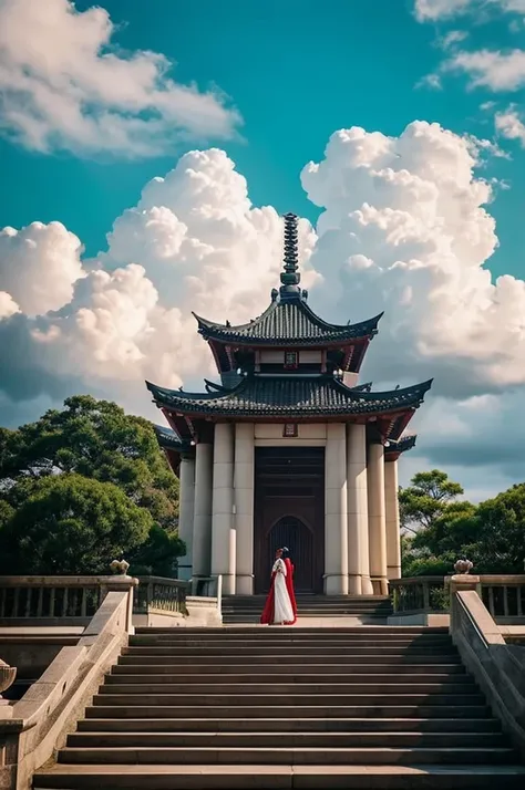 BJ_Sacred_beast,red_eyes,outdoors,horns,sky,cloud,no_humans,bird,cloudy_sky,scenery,stairs,fantasy,dragon,Japanese cityscape, eastern_dragon, cinematic lighting,strong contrast,high level of detail,Best quality,masterpiece,Live-action video, super realisti...