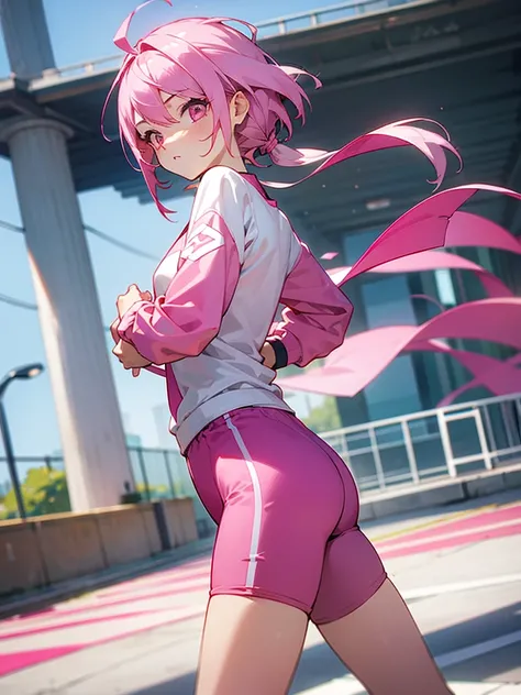 Masterpiece, best quality, 1girl, young, pink hair, pink eyes, day, short jogging outfit