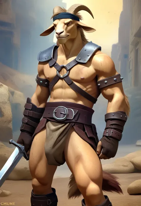 Solo Sexy anthro furry goat male; ancient Mediterranean desert warrior; slim mesomorph handsome model apperance apperance; boys messy short hair headband; sexy toned muscules; sword scars; worn out rusty sexy skimpy armament. He has low on hips heavy leath...