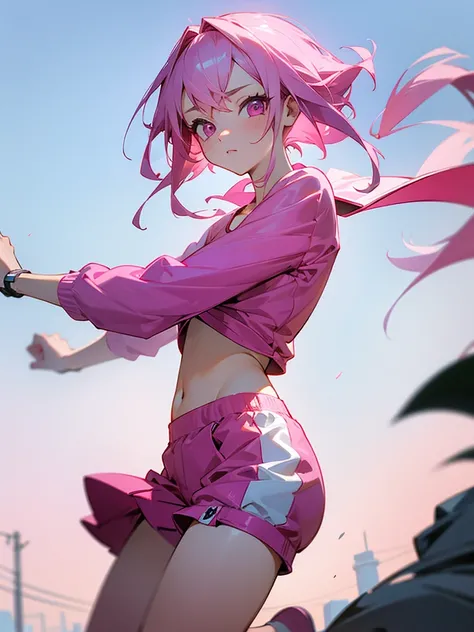 Masterpiece, best quality, 1girl, young, pink hair, pink eyes, day, short jogging outfit