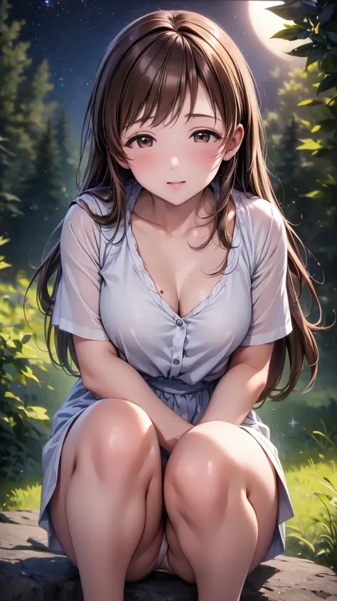 Highest quality、high resolution、High definition、HD、((In the forest at night、Night Sky、Squatting with legs apart、Show me your crotch、No underwear、Pussy))、(Nitta Minami、Long Hair、Medium chest、Brown Hair、Brown eyes、Glossy lips、Glowing Skin、Realistic skin text...