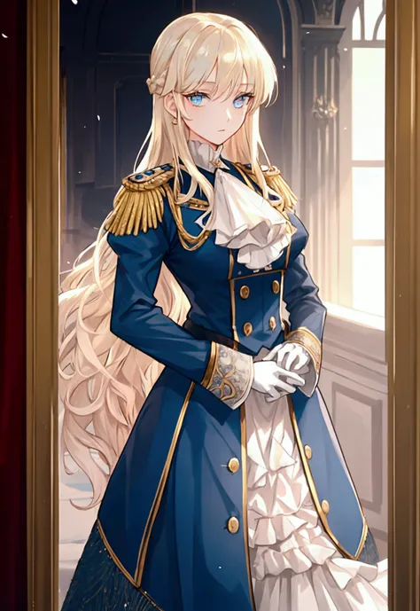 Victorian era, Military uniform, noble clothes, 1woman, queen, solo, medium shot, palace background, iridescent eyes, blond hair, glowing hair, blue eyes, blurry background, blurry, looking at viewer, white glove, long hair, wavy hair,