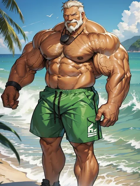 beach, extremely huge muscular, massive muscular, full-body , (topless, shirtless, shorts), well-muscled old man. ((extremely muscle size, super thick arms, huge pec, extremely wide pectoral , huge arms)), wide smiling. Add textures and details to make the...