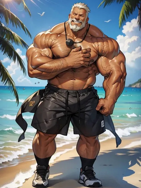 beach, extremely huge muscular, massive muscular, full-body , (topless, shirtless, shorts), well-muscled old man. ((extremely muscle size, super thick arms, huge pec, extremely wide pectoral , huge arms)), wide smiling. Add textures and details to make the...