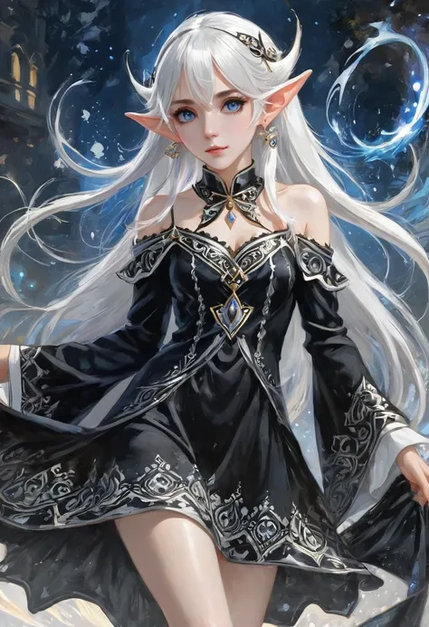 1 magician girl, expressive eyes, elf ear, white hair, black patterned clothes dress, using his magic powers, full length portrait , detail richness, masterpiece, best quality