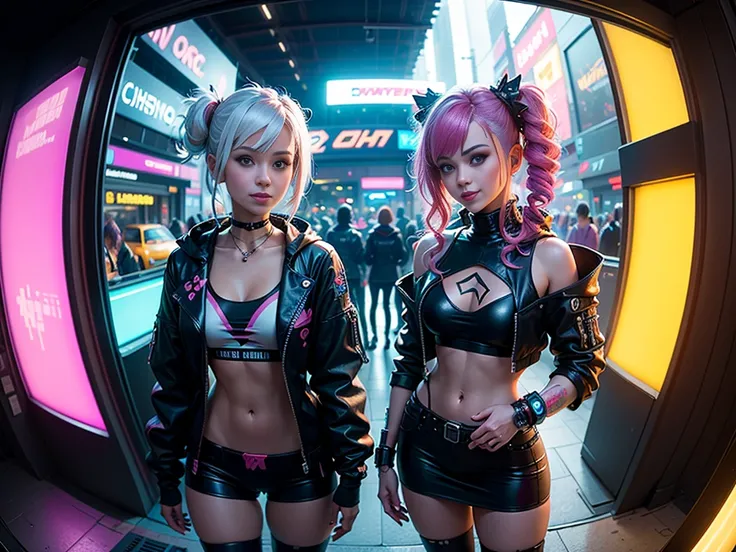 ((2 cyberpunk girls wearing colorful Harajuku style pop outfit)), (((fisheye lens))), cowboy shot, wind, messy hair, cyberpunk 2077 cityscape, (cyberpunk aesthetics and atmosphere:1.2), bright colors, smiling, ((cinematic lighting))