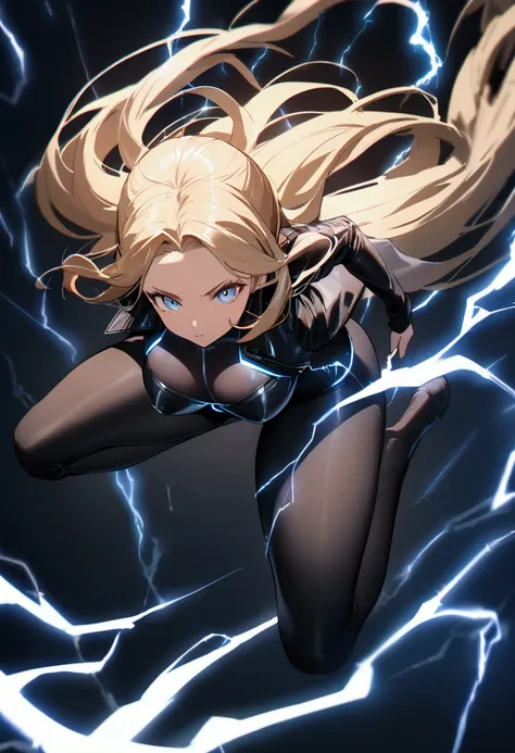 blonde, long flowing hair, cinematic, light blue eyes, glowing effect, electricity, 1 girl, beautiful girl, long tight dark black leggings, small open black jacket, jumping in air, epic, masterpiece, futuristic, flowing lightning energy around body, Lightn...