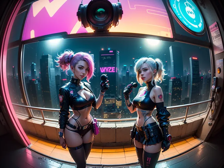 ((2 cyberpunk girls wearing colorful Harajuku style pop outfit)), ((((fisheye lens)))), cowboy shot, wind, messy hair, ((cyberpunk 2077 cityscape)), (cyberpunk aesthetics and atmosphere:1.3), bright colors, smiling, ((cinematic lighting))