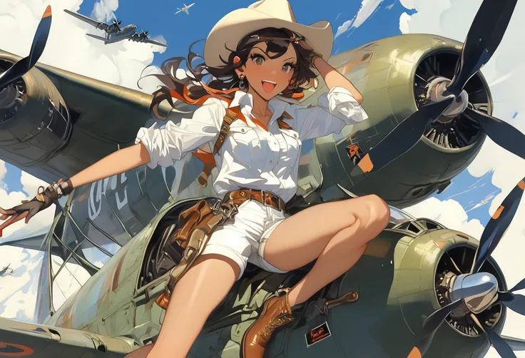 Art by J.C Leyendecker. Style by Makoto Shinkai. of a cowgirl in white short shorts and fedora, riding a massive nuclear bomb as it is being dropped from a vintage bomber plane. The cowgirl holds onto the bomb with a determined expression, her hair flowing...