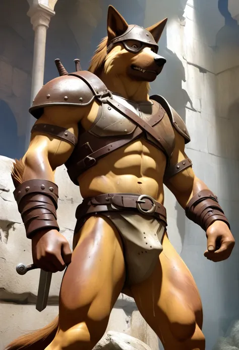 Solo Sexy anthro furry german shepherd male; ancient Mediterranean desert warrior; slim mesomorph handsome model apperance apperance; anthro muzzle head shape leather helmet mask with eye holes; anthro muzzle head shape leather helmet mask with eye holes, ...