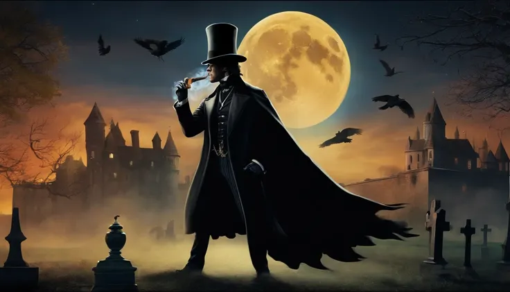 Exu drinking whiskey and smoking cigar, wearing a top hat and black cape, inside the cemetery and a castle and with a full moon in the sky flying crows