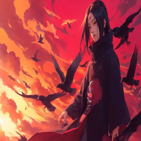 アニメ, a woman in a red cloak and a black cloak is surrounded by birds, itachi, itachi uchiha, akatsuki akira, itachi uchiha, sasuke uchiha, Papel de parede de アニメ, from naruto, inspired by Sugimura Jihei, papel de parede de アニメ, hd Papel de parede de アニメ, r...