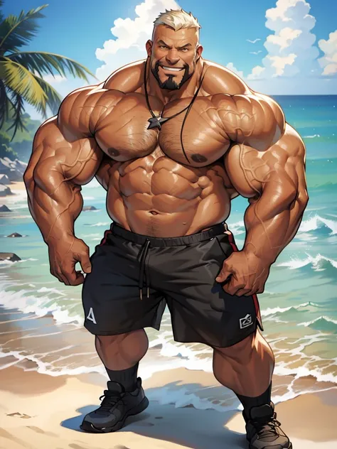 beach, extremely huge muscular, massive muscular, full-body , (topless, shirtless, shorts), well-muscled old man. ((extremely muscle size, super thick arms, huge pec, extremely wide pectoral , huge arms)), wide smiling. Add textures and details to make the...