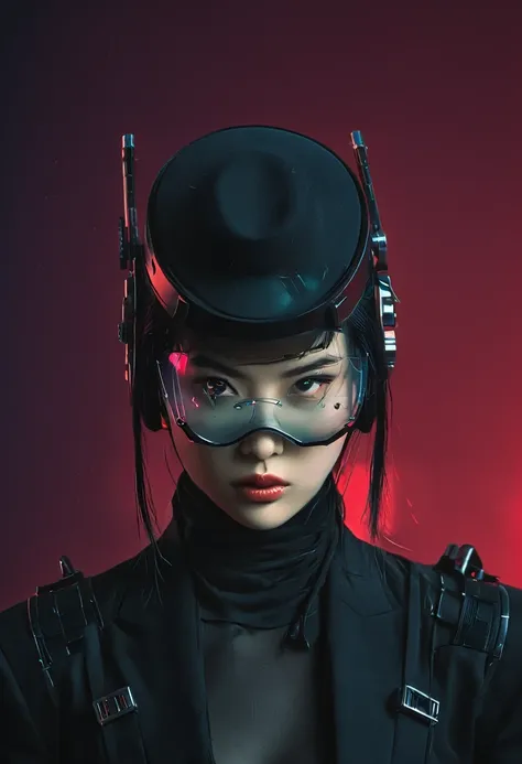 there is a woman in a black top hat and a black top hat, female cyberpunk, cyberpunk women, cyberpunk geisha, cyberpunk woman, c...