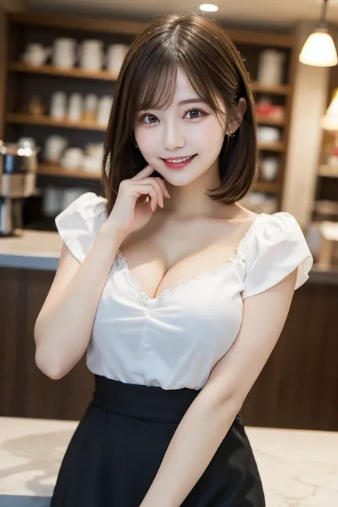 Cafe Cafe clerk, Highest quality, shape, Very detailed, In detail, High resolution, 8k wallpaper, Perfect dynamic composition, Beautiful details,  Natural Lip, Tight Skirt, Big Breasts, Cleavage, She is smiling in a cute pose.., A masterpiece of the whole ...