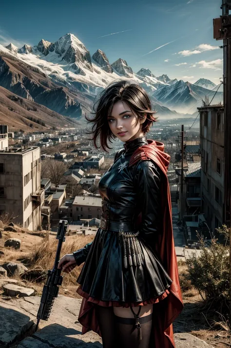 (masterpiece, best quality:1.2), cowboy shot, solo, 1girl, ruby rose, grin, looking at viewer, arms behind back, black dress, long sleeves, red cape, pantyhose, standing with crowd in city ruins on hill, overlooking valley, (crowd in military uniforms) BRE...