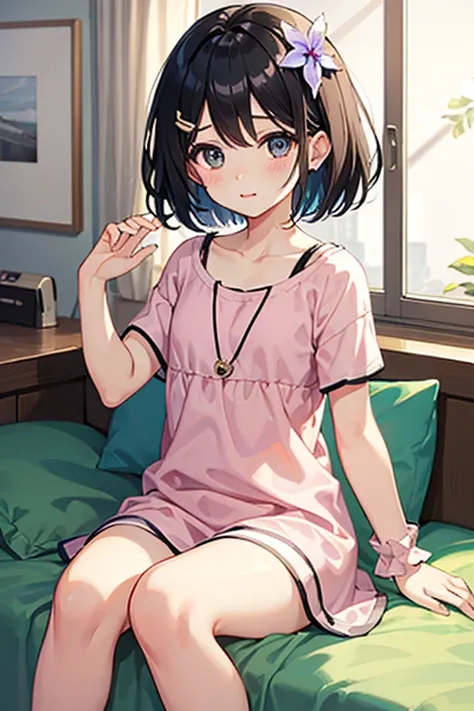 Highest quality、Black Hair、Iris、short hair、girl、cute、16 years old、、Small hair ornament、1 person、one-piece sleepwear、Sleepy look、