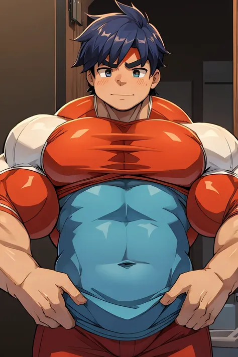 huge muscles,cramped clothes,young boy,,(((8-year-old boy)))