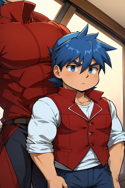 huge muscles,cramped clothes,young boy,,(((8-year-old boy)))blue hat,spiky hair,red vest