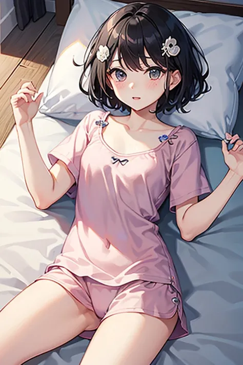 Highest quality、Black Hair、Iris、short hair、girl、cute、16 years old、、Small hair ornament、1 person、one-piece sleepwear、Full of energy、