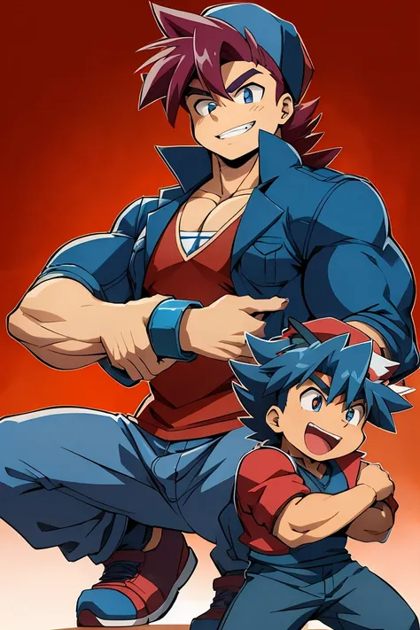 Huge muscles,cramped clothes,Young boy,,(((8-year-old boy)))Blue hat,Spiky Hair,Red vest,An innocent smile,Double teeth,Beyblade Battle