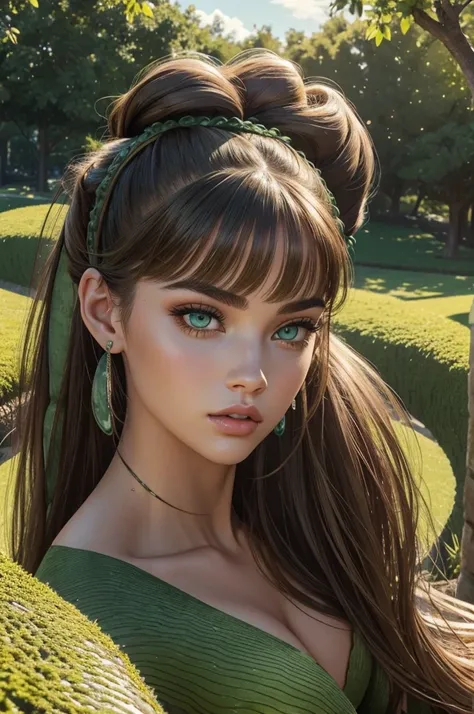 Megan Williams, ultra detailed face, ultra detailed green eyes, hair bangs ponytail, (side view), (((lamia, masterpiece)))