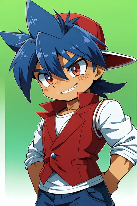 huge muscles,cramped clothes,young boy,,(((8-year-old boy)))blue hat,spiky hair,red vest,an innocent smile,double teeth,beyblade...