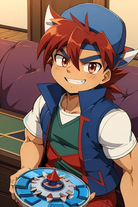 Huge muscles,cramped clothes,Young boy,,(((8-year-old boy)))Blue hat,Spiky Hair,Red vest,An innocent smile,Double teeth,Beyblade Battle,Shota,Cunning