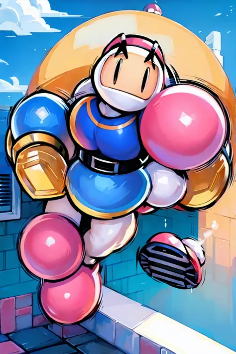 huge muscles,bomberman,white head、pink ball hand