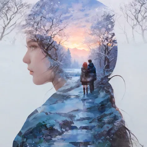 Double exposure portrait artwork inspired by manhwa. It depicts a couple in love embodying winter and spring, exploring a fantastical landscape divided between their seasonal realms. The portrait showcases their journey across contrasting terrains, superim...