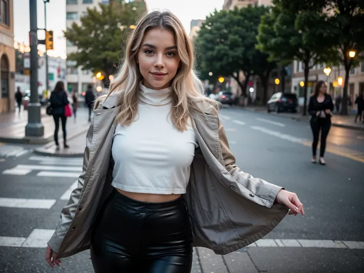 a beautiful woman, platinum blonde hair, in a cold coat, with high neck blouse, black pants and boots fashion 2024, posing for a full-length photo on Instagram, healthy and glowing face, happy expression, satisfied with her silky hair and perfect body, pos...