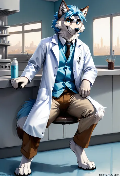 furry character, full body, male, wolf,, rick sanchez, black eyes, blue hair, white lab coat, brown pants, looking at viewer, si...