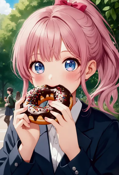 Anime girl eating chocolate donut，Pink ponytail, Animation works by Kentaro Miura, pixiv, realism, Eat donuts, Cute anime girl, Young anime girl, Beautiful anime high school, Cute girl anime visual, Cute anime girl portraits, Anime style 4k, Cute anime gir...