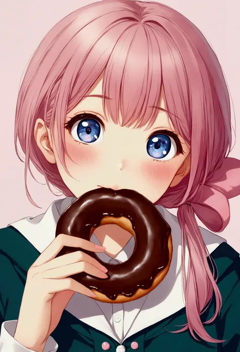 Anime girl eating chocolate donut,Pink ponytail, Animation works by Kentaro Miura, pixiv, realism, Eat donuts, Cute anime girl, Young anime girl, Beautiful anime high school, Cute girl anime visual, Cute anime girl portraits, Anime style 4k, Cute anime gir...
