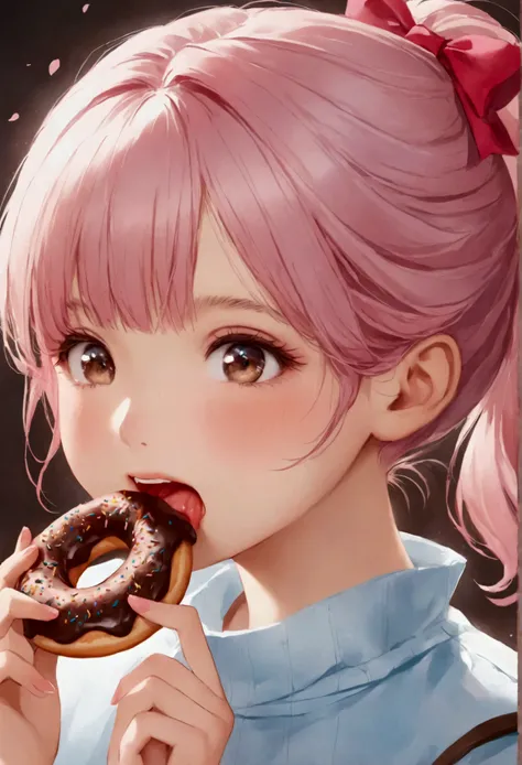 girl eating chocolate donut，teeth biting，pink ponytail, pixiv, realism, eat donuts,cute女孩的动漫视觉图,  anime wallpaper 4k，cute:2