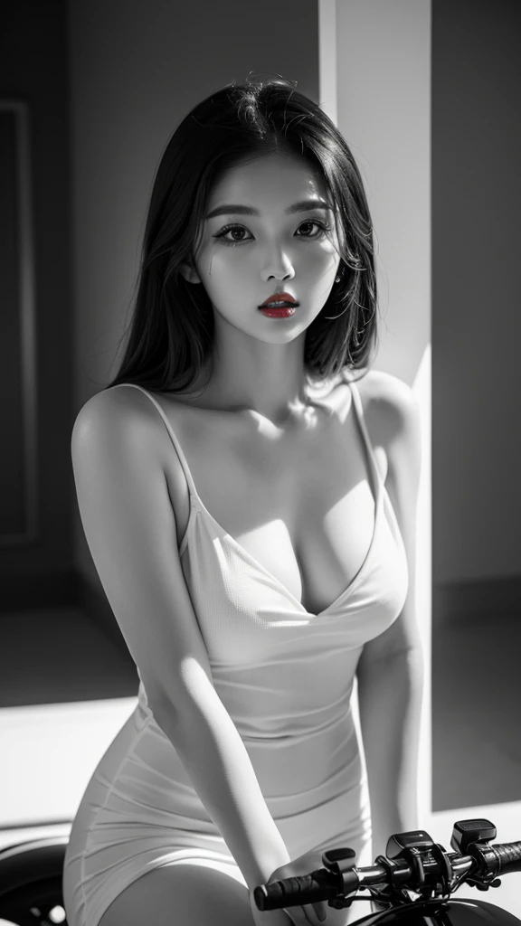 (((Black and white art:1.2、a black and white photo、RAW photo、film grain)))、Beautiful woman、small nose、((plump lips、Red attractive lips:1.3))、attractive hairstyle、dress、highest quality、High resolution、High resolution、cinematic lighting、a black and white pho...