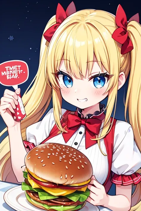 Pleased as punch grin,Face like a  on Christmas morning,Eat a huge burger,Hamburger and fries set,Cola,Highest quality,Blonde with blue eyes、Lolita、Small breasts、Twin tails、girl&#39;enjoy,smile,bonnet,