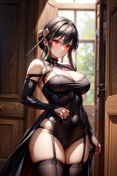 A girl , Red eyes, busty, firm thighs, beautiful body, by the wide, black combat suit, black mask,2 katanas sheathed on his back and an assault rifle in his hands., He carries a short pistol with magazines and two knives.. 