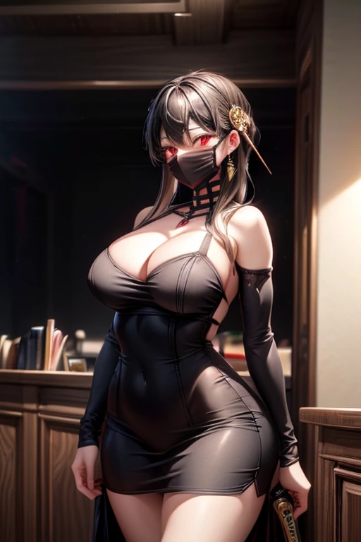 A girl , Red eyes, busty, firm thighs, beautiful body, by the wide, black combat suit, black mask,2 katanas sheathed on his back and an assault rifle in his hands., He carries a short pistol with magazines and two knives.. 