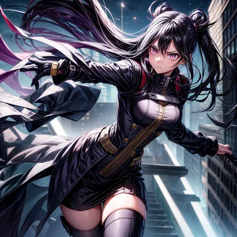 Boku no hero academia girl long black hair light purple eyes and black eyeliner, wear a heroine costume, a black suit with silver highlights, carrying a katana, in the background some buildings, is in a battle against some villains 