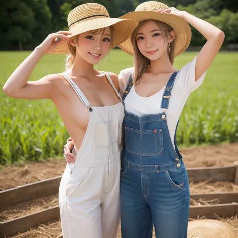 masterpiece, Highest quality, Very detailed, sexy, On the Farm,Wearing a big straw hat、Naked and in silk overalls、Blonde woman, (Very young and  and body),Ahegao Orgasm Double Peace,