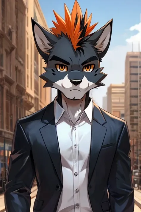 Art anime Cartoon,furry Masculino,furry pantera,little toned body,fur color light blue with white and black dots,Mohawk to the side in black,orange eyes, photo backdrop